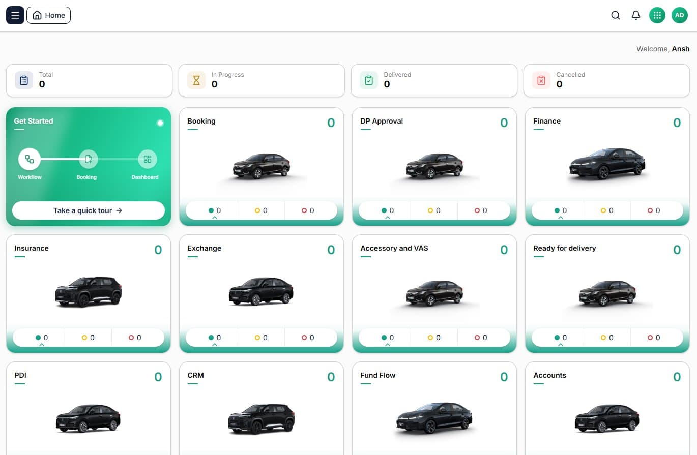 Automate home: order totals and a card per stage, from booking and DP approval through finance, insurance, exchange and delivery