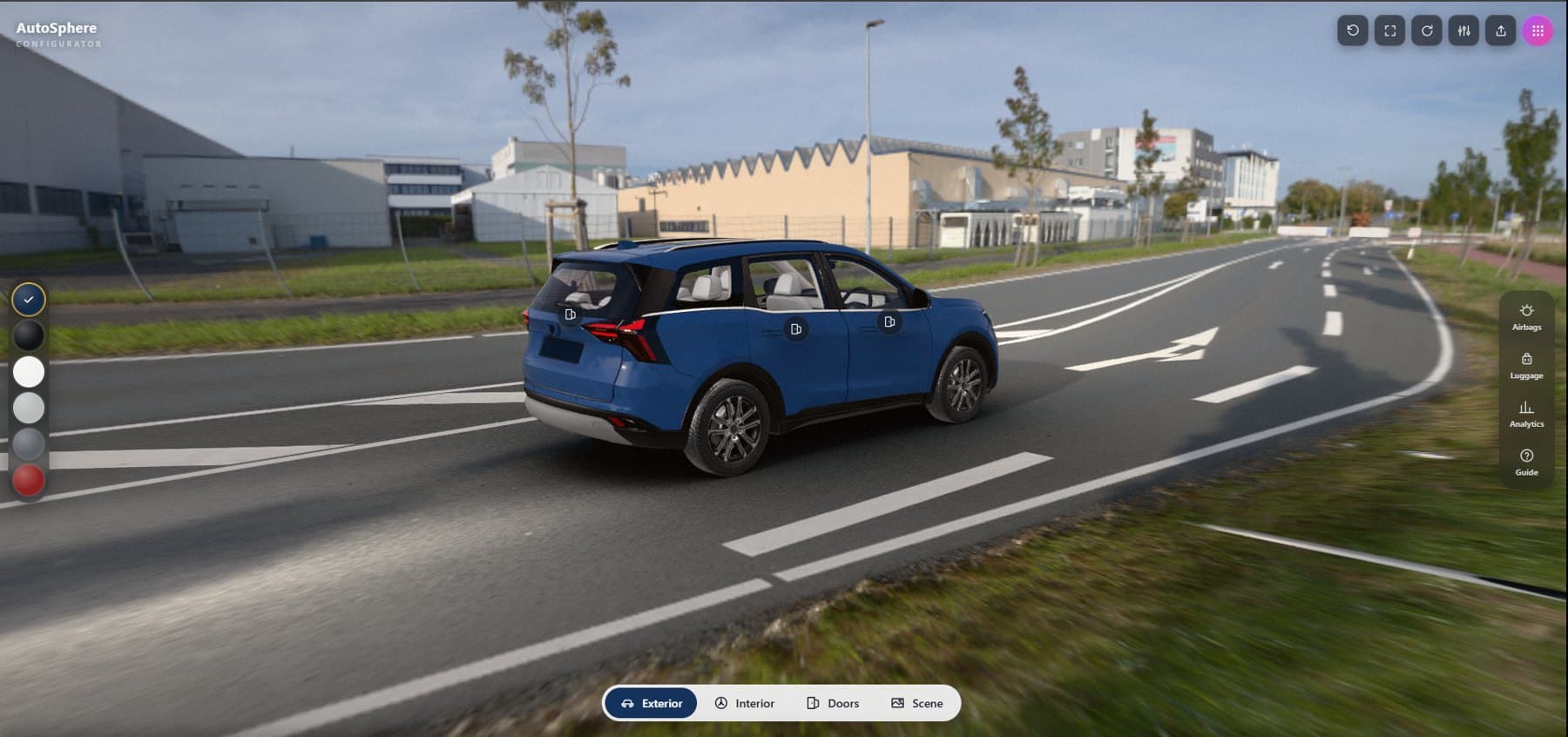 AutoSphere configurator: a 3D SUV on a road scene with colour swatches and exterior, interior, doors and scene modes