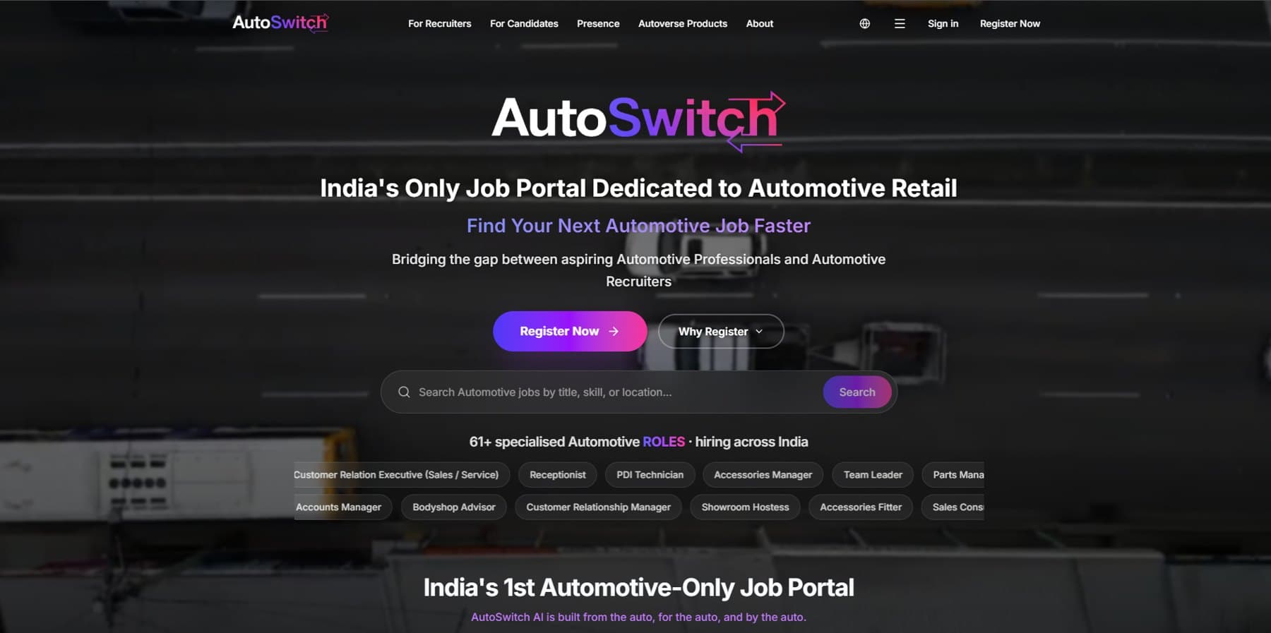 AutoSwitch home page: India's only job portal dedicated to automotive retail, with job search and role chips